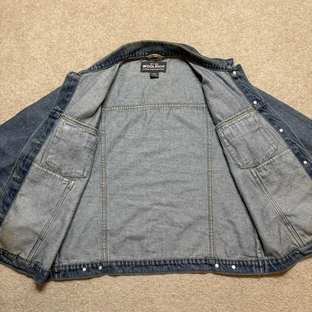 Woolrich Denim Jacket Womens Medium Blue Jean Trucker Snap Front Unlined Outdoor